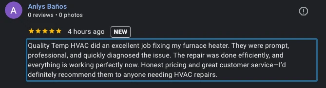 Anlys Baños customer review for Quality Temp HVAC
