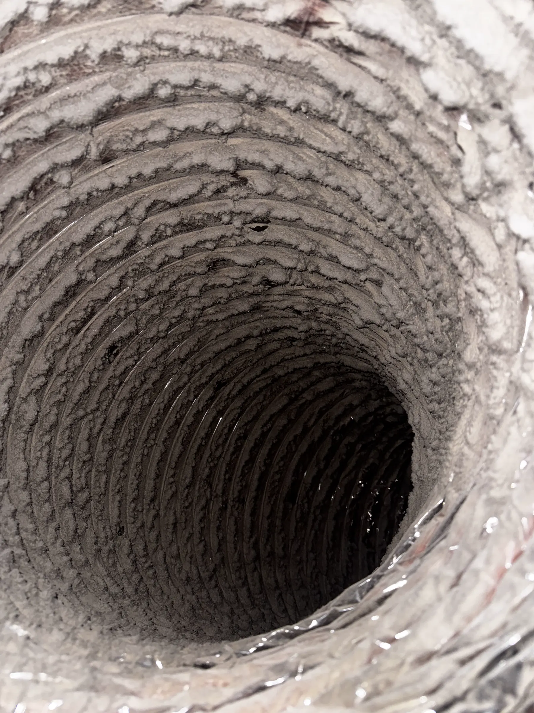 Dust and debris visible inside a flexible duct