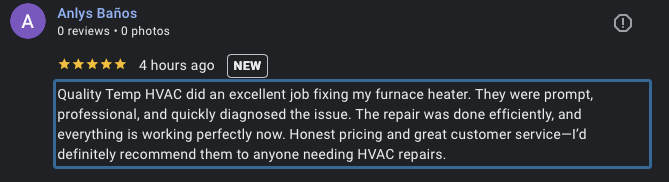 Anlys Baños customer review for Quality Temp HVAC