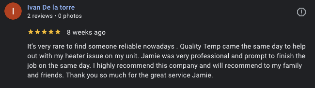 Ivan De la torre customer review for Quality Temp HVAC