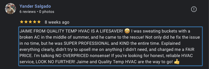 Yander Salgado customer review for Quality Temp HVAC